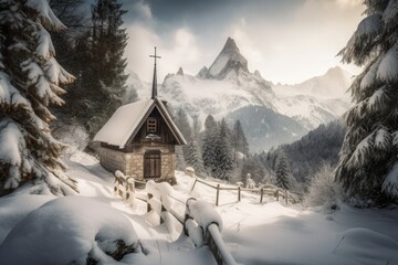 Sticker - snow-covered chapel in the midst of winter wonderland, with view of towering peaks, created with generative ai