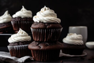 Sticker - stack of decadent chocolate cupcakes with fluffy vanilla frosting, created with generative ai