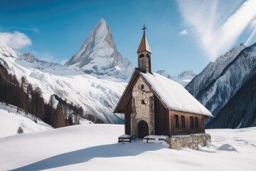 Poster - snow-covered chapel surrounded by towering peaks and untouched snow in winter, created with generative ai