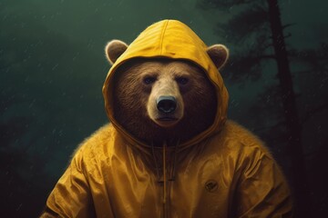 Wall Mural - Beautiful and charming illustration of a brown bear wearing a yellow raincoat on a plain-colored background. Generative AI