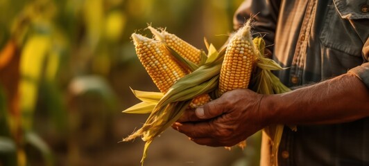 Wall Mural - farmer's hands holding ears of corn close-up. Generative AI