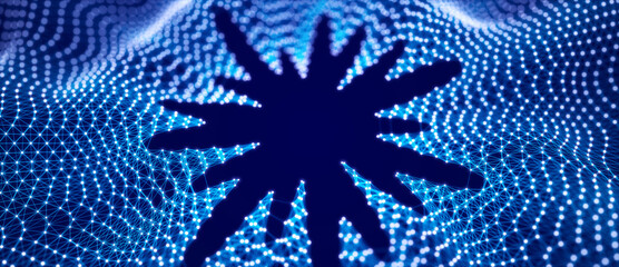 Fototapete - Wave of bright connected dots and lines. Abstract dynamic wave of many points. Digital background. 3D rendering.