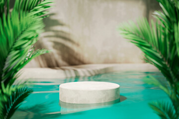 Poster - Tropical summer background with concrete podium in pool water and palm leaf shadow. Luxury hotel resort exterior for product placement. Cylinder stand in resort hotel villa poolside.