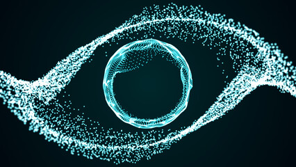 Fototapete - Smooth abstract gradient dynamic wave of many glowing particles with a sphere inside. Network of neon dots. Big data. Digital background. 3d rendering