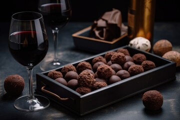 Canvas Print - tray of chocolate truffles and bottle of rich red wine, created with generative ai