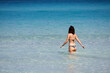 © Oleg - Slim woman in bikini going to swim in blue sea water. Beach vacation in hot weather