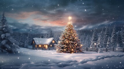 Wall Mural - Merry Christmas and Happy New Year greeting card. Winter evening landscape with snow. Generative AI