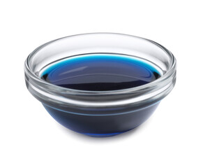 Glass bowl with blue food coloring isolated on white