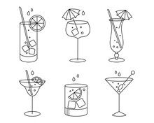 A Set Of Linear Drawings Of Refreshing Fruit Cocktails With Different Drinks, Ice Cubes, Straws And Umbrellas. Drinks Icons, Cafe Menu, Vector