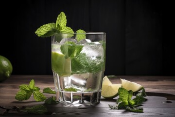 Wall Mural - glass of mojito with ice cubes and fresh mint leaves, created with generative ai