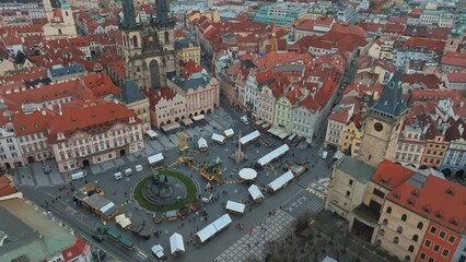 Wall Mural - Panoramic aerial view of old Town square in Prague on a beautiful summer day, Czech Republic. Church of our Lady before Tyn and Prague Astronomical Clock Tower