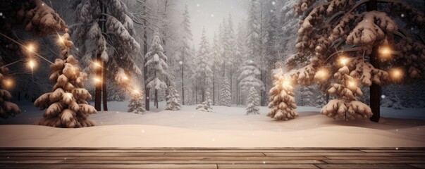 Wall Mural - Wooden flooring. Banner winter christmas scenic landscape with copy space. Ai generative.