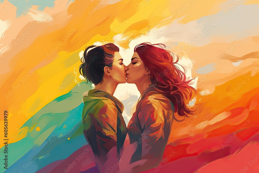 Illustration Stock Lesbian couple kissing on LGBT flag background ...