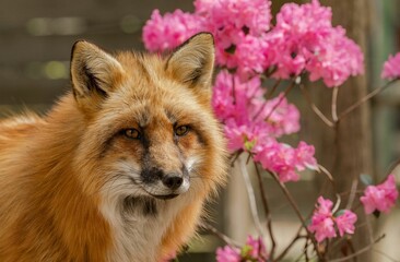 Sticker - Close-up shot of a Vulpes with a pink flower in the bokeh background