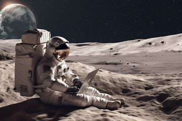 illustration featuring an astronaut standing on the moon, typing on a laptop. ai generated