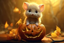 Little Mouse Hugs Halloween Pumpkin, Generative AI