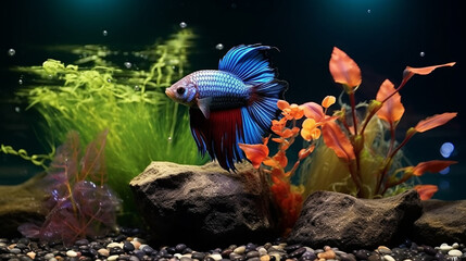 Sticker - A blue and red fighting fish with a black background hd