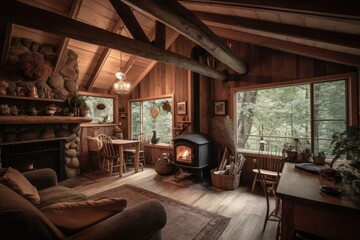 Wall Mural - cozy cabin with a warm fire, surrounded by trees and wildlife, created with generative ai