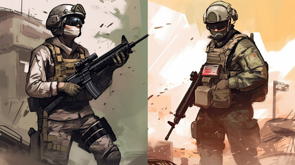 Wall Mural - soldiers with rifle, army military illustration - by generative ai