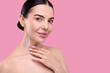 © New Africa - Beautiful woman with smear of body cream on her neck against pink background, space for text