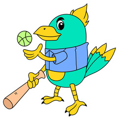 Sticker - Cartoon bird playing baseball isolated on white background