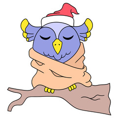 Sticker - Purple cartoon owl sleeping o a branch wrapped in a blanked with white background