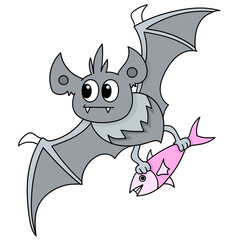 Sticker - Colorful vector illustration of a cute cartoon bat carrying a fish