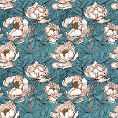 Poster - Seamless floral background with peony flowers. AI generated