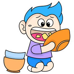 Poster - Vector of boy enjoying food gusto in white background