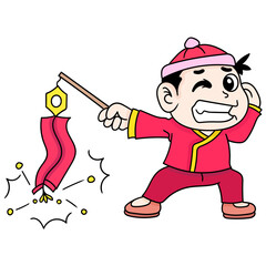 Sticker - Creative illustration of a cartoon boy holding a Chinese paper firecracker on a stick