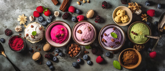 Gourmet summer dessert of artisanal or craft ice cream made with fresh berries, macaroons, pistachio nuts and chocolate. Generative AI