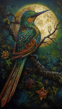 Painting In Asian And Oriental Styles, Oil Painting Of Fabulous Birds On A Branch And In Flowers Against The Backdrop Of The Moon. Generative AI