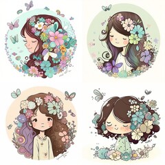 Wall Mural - set of girls with flowers