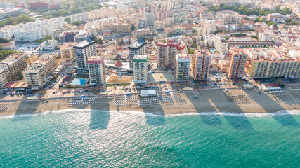 Fuengirola Spain, Aerial view on Coast of sea and buildings. Drone photo of coastal town