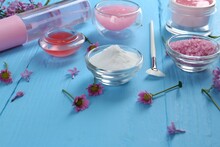 Homemade Cosmetic Products And Fresh Ingredients On Light Blue Wooden Table