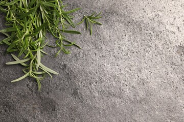 Aromatic green rosemary sprigs on stone table, top view. Space for text