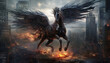 A black ashen horse with wings, a Pegasus in sparks of fire flies over a gray city shrouded in war. Generative AI