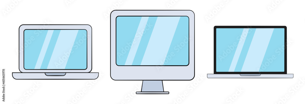 Set of computers with blank screen. Icon. Cartoon. Vector illustration ...