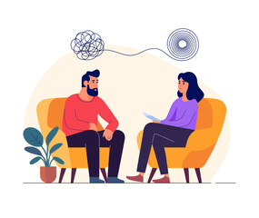 Female psychotherapist helping a male patient. Psychotherapy process. Tangled and untangled brain concept. Psychology and psychiatry vector illustration