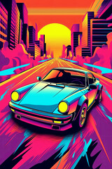 A vector illustration of a retro sports car with bold lines, vibrant colors, and a futuristic aesthetic, representing the iconic cars of the 80s. Generative AI