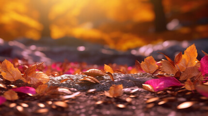 Poster - A scene with leaves and flowers on the ground