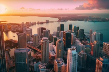 A panoramic aerial view of the Miami skyline at sunset, showcasing the city's iconic pastel-colored buildings and palm tree-lined streets. Generative AI