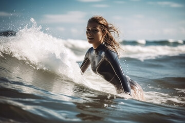 sexy surfer girl swims on surfboard on waves of sea in summer. Generative AI