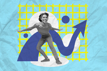 Wall Mural - Collage portrait of cheerful black white effect girl stand balancing growing arrow upwards isolated on paper blue background