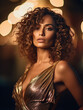 Latin-American Woman with curly hair in golden dress. Generative Ai illustration. Luxury and premium photography for advertising product design.
