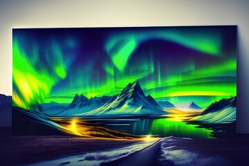 Wall Mural - northern lights over the mountains. aurora borealis Starry sky with polar lights and high rocks. Nice view. - generative ai
