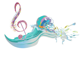 Abstract musical design with a treble clef and colorful splashes, notes and waves.  Colorful treble clef. Hand drawn vector illustration.