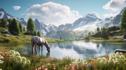 Wall Mural - A horse drinking water in front of a mountain landscape.