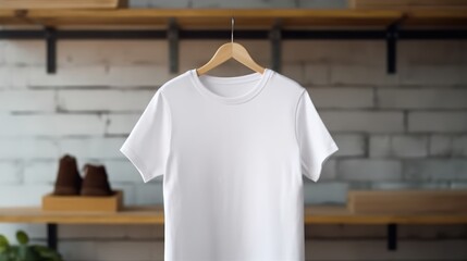 Wall Mural - Behold a meticulously detailed mockup of a white tee shirt on a hanger, complementing a modern closet interior. A manifestation of clean fashion, created by AI
