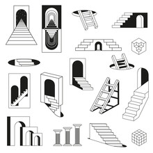 Abstract Ladder With Steps Exit Entrance Door Hatch Monochrome Line Black Isometric Set Vector